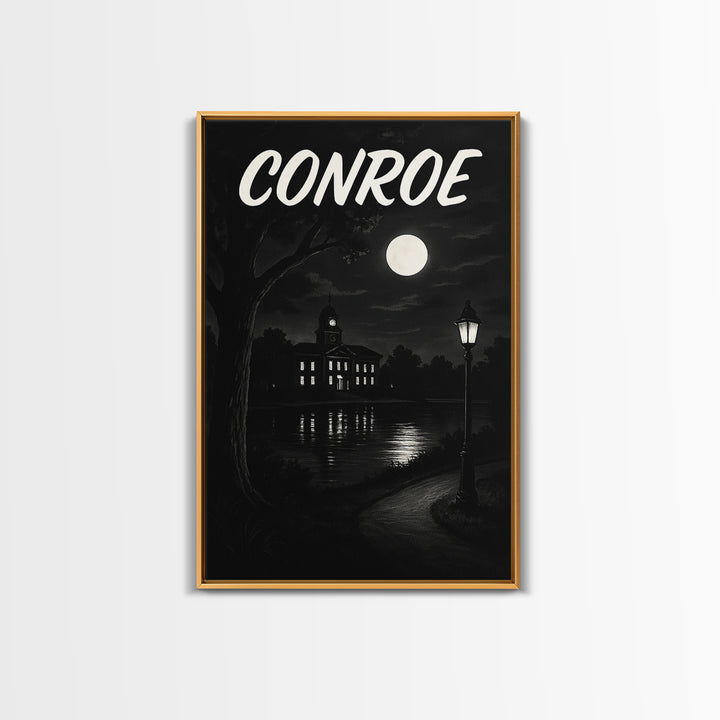 Conroe Travel Poster, Canvas Print, Dark Moody City Wall Art, Conroe Travel Art, Travel Art Print, City Illustration, Vintage Travel Print
