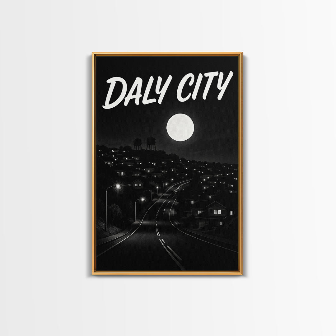 Daly City California Travel Poster, Canvas Print, Dark Moody City Wall Art, Daly City Poster Print, Travel Wall Art, Gift For Travelers
