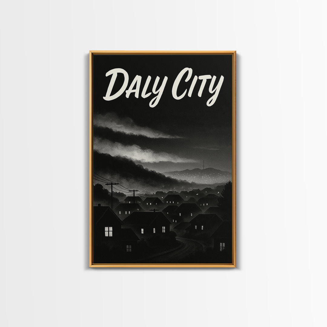 Daly City Travel Poster, Framed Canvas Print, Vintage Noir Poster Art, Daly City Art Print, Travel Poster Art, City Illustration