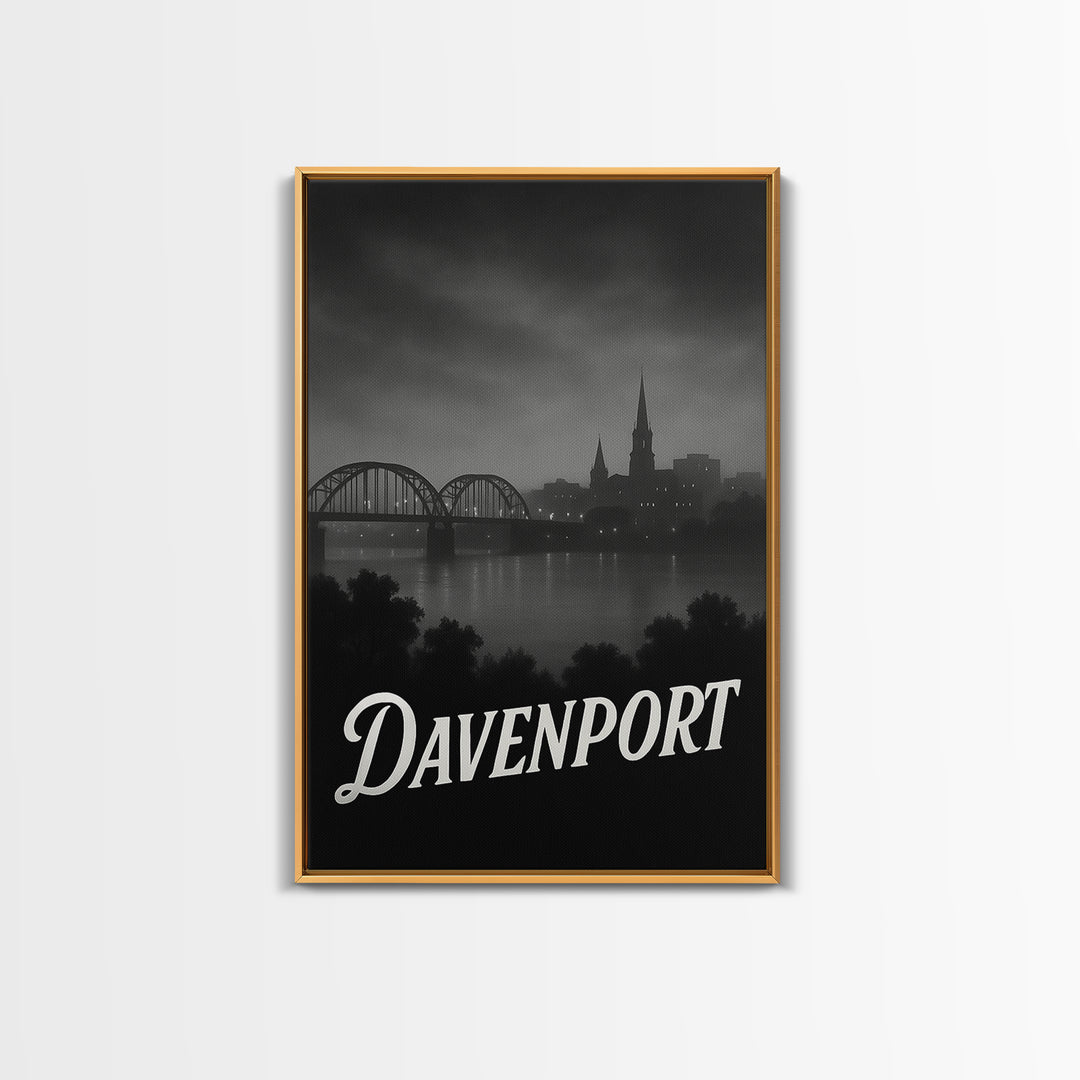 Davenport Iowa Travel Poster, Canvas Print, Night Street Poster Art, Davenport City Art, Travel Art Print, Vintage Travel Print, Travel Gift