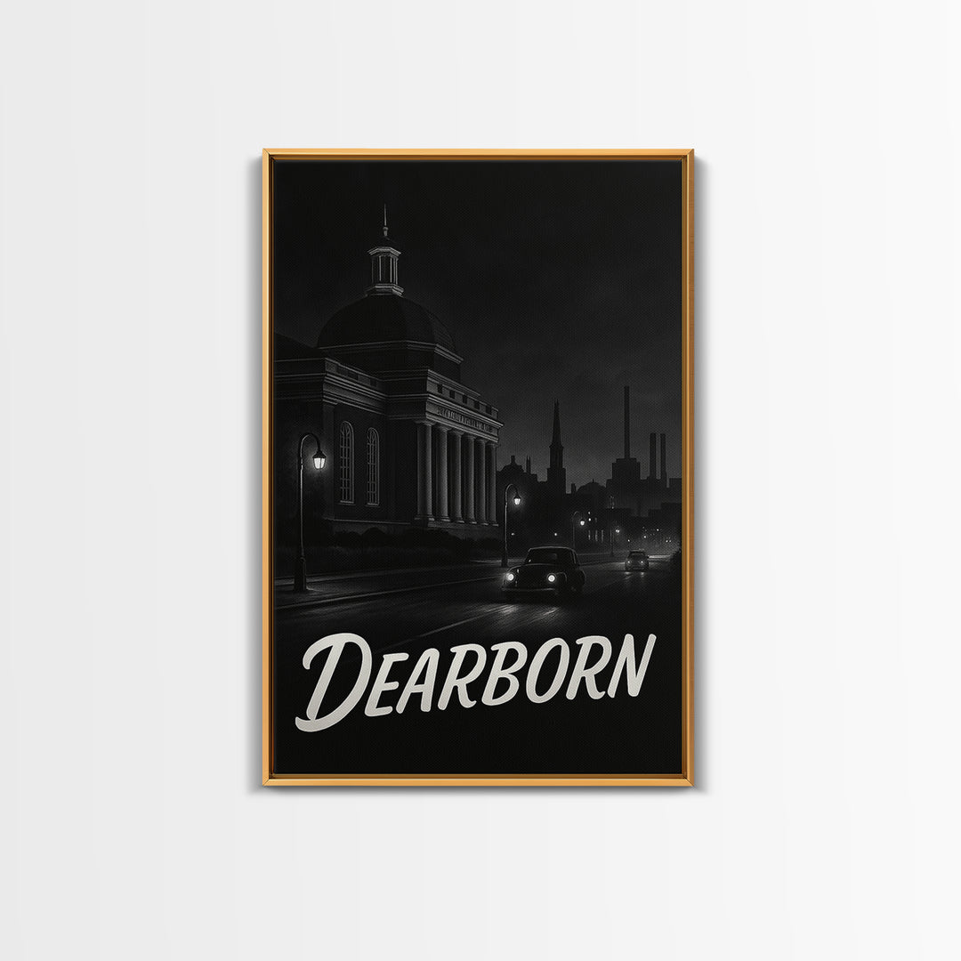 Dearborn Michigan Travel Poster, Framed Canvas Print, Vintage Noir Poster Art, Dearborn Art Print, Living Room Wall Art, Vintage Travel Art