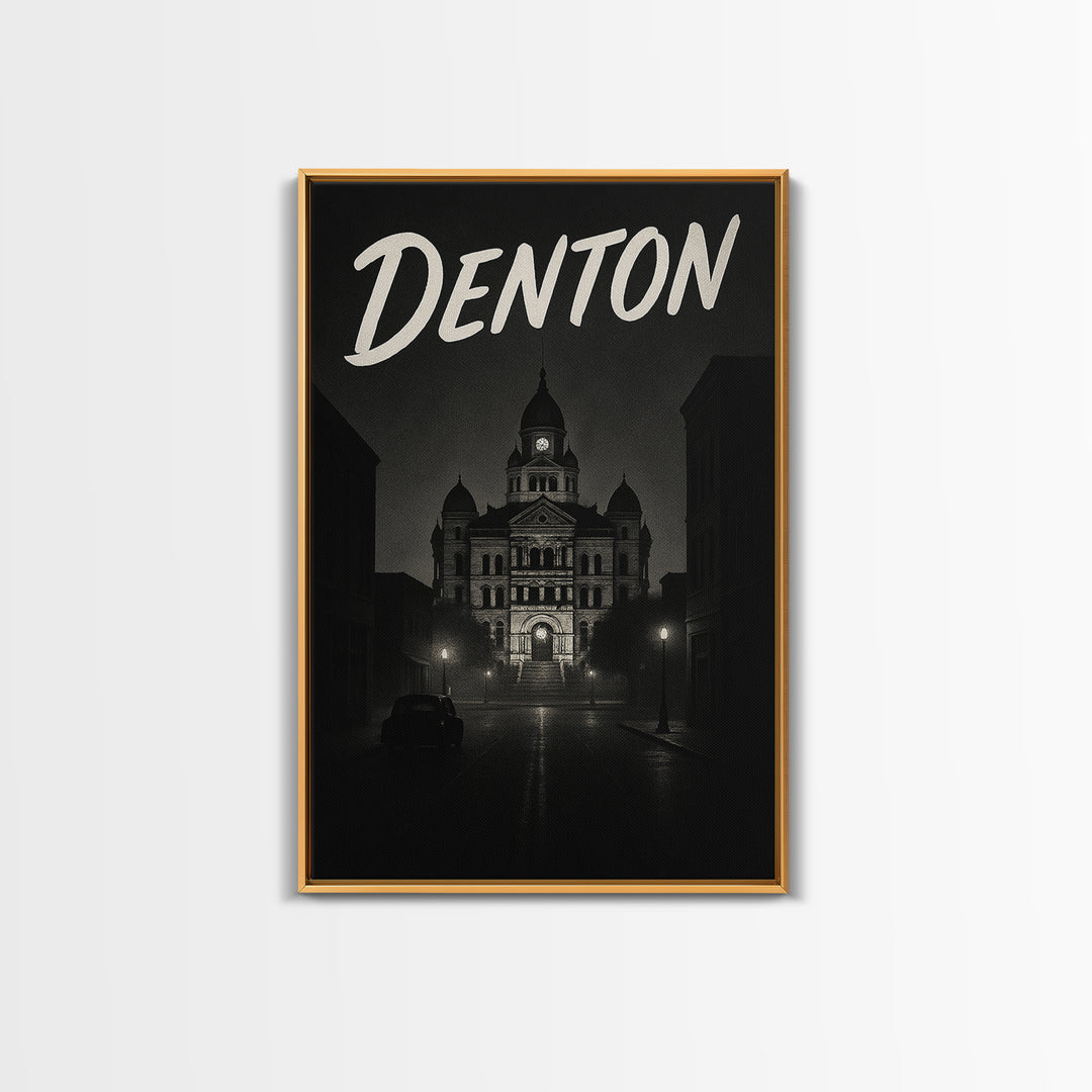 Denton Texas Travel Poster, Framed Canvas Print, Black And White Travel Art, Denton Art Print, Modern Wall Decor, City Travel Prints