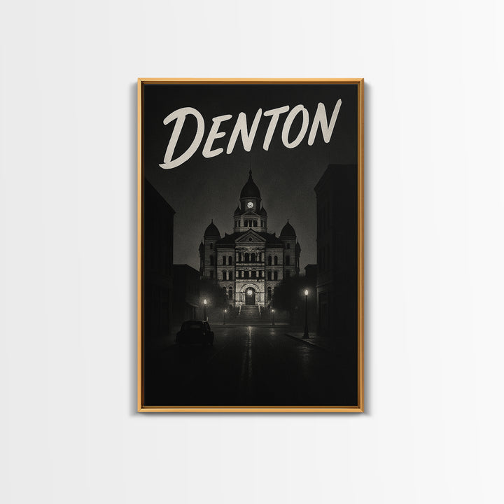 Denton Texas Travel Poster, Framed Canvas Print, Black And White Travel Art, Denton Art Print, Modern Wall Decor, City Travel Prints