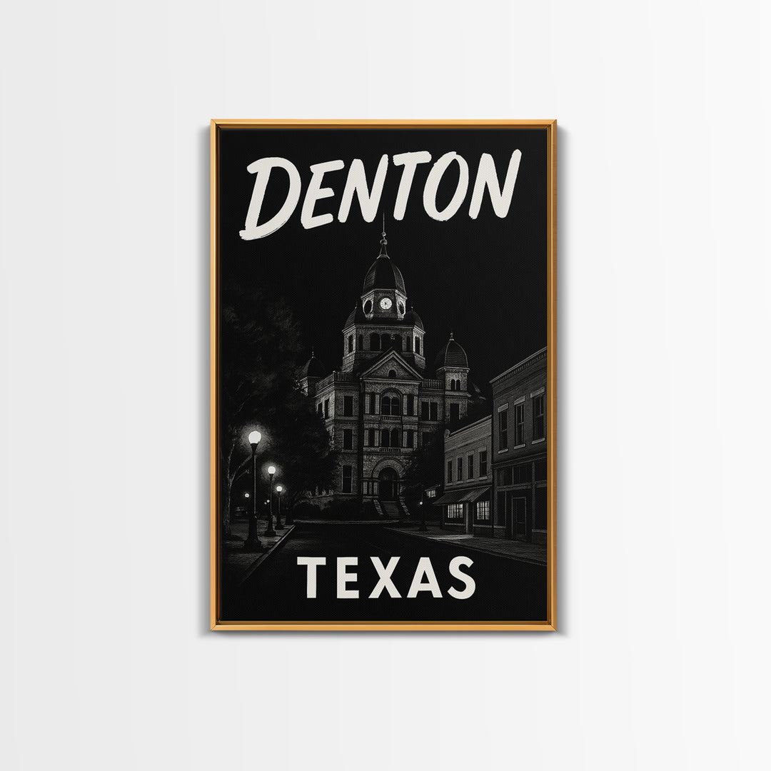 Denton Travel Poster, Framed Canvas Print, Dark Moody City Wall Art, Denton Poster Print, Gift For Travelers, Vintage Travel Art
