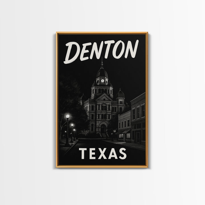 Denton Travel Poster, Framed Canvas Print, Dark Moody City Wall Art, Denton Poster Print, Gift For Travelers, Vintage Travel Art