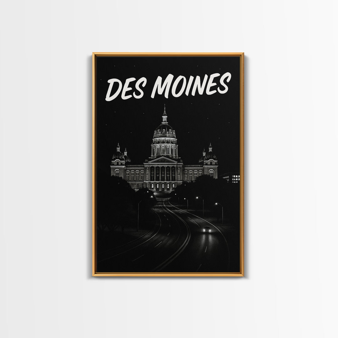 Des Moines Travel Poster, Canvas Print, Black And White Travel Art, Des Moines Wall Art, Travel Art Print, Gift For Travelers, Design 2