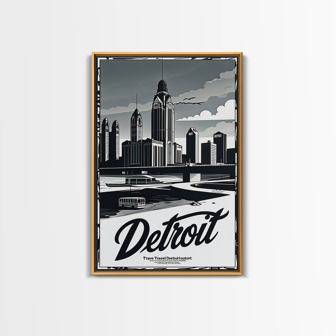 Detroit Travel Poster, Canvas Print, Dark Moody City Wall Art, Detroit Travel Art, Home Office Decor, Modern Wall Decor, Gift For Travelers