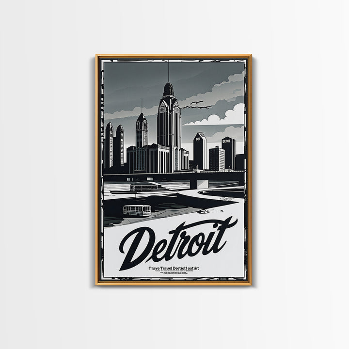Detroit Travel Poster, Canvas Print, Dark Moody City Wall Art, Detroit Travel Art, Home Office Decor, Modern Wall Decor, Gift For Travelers