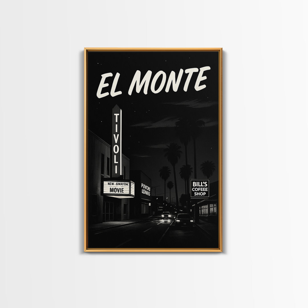 El Monte Travel Poster, Framed Canvas Print, Vintage Noir Poster Art, El Monte Wall Art, Vintage City Art, Retro Travel Print, Design 2