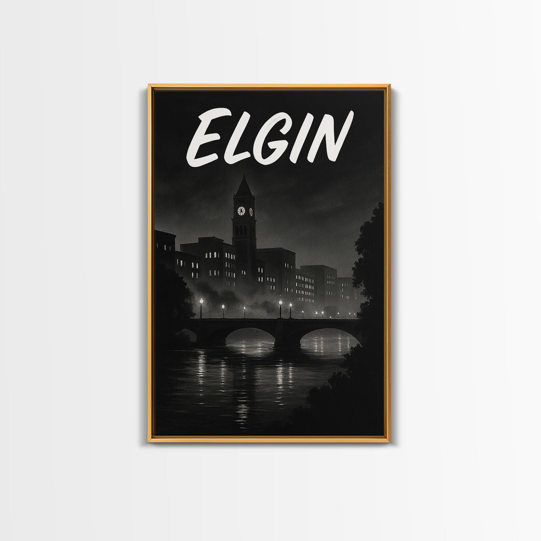 Elgin Illinois Travel Poster, Canvas Print, Dark Moody City Wall Art, Elgin City Art, Travel Poster Art, Wall Art, Travel Wall Decor