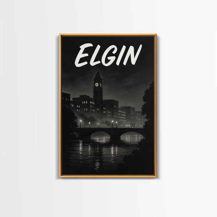 Elgin Illinois Travel Poster, Canvas Print, Dark Moody City Wall Art, Elgin City Art, Travel Poster Art, Wall Art, Travel Wall Decor