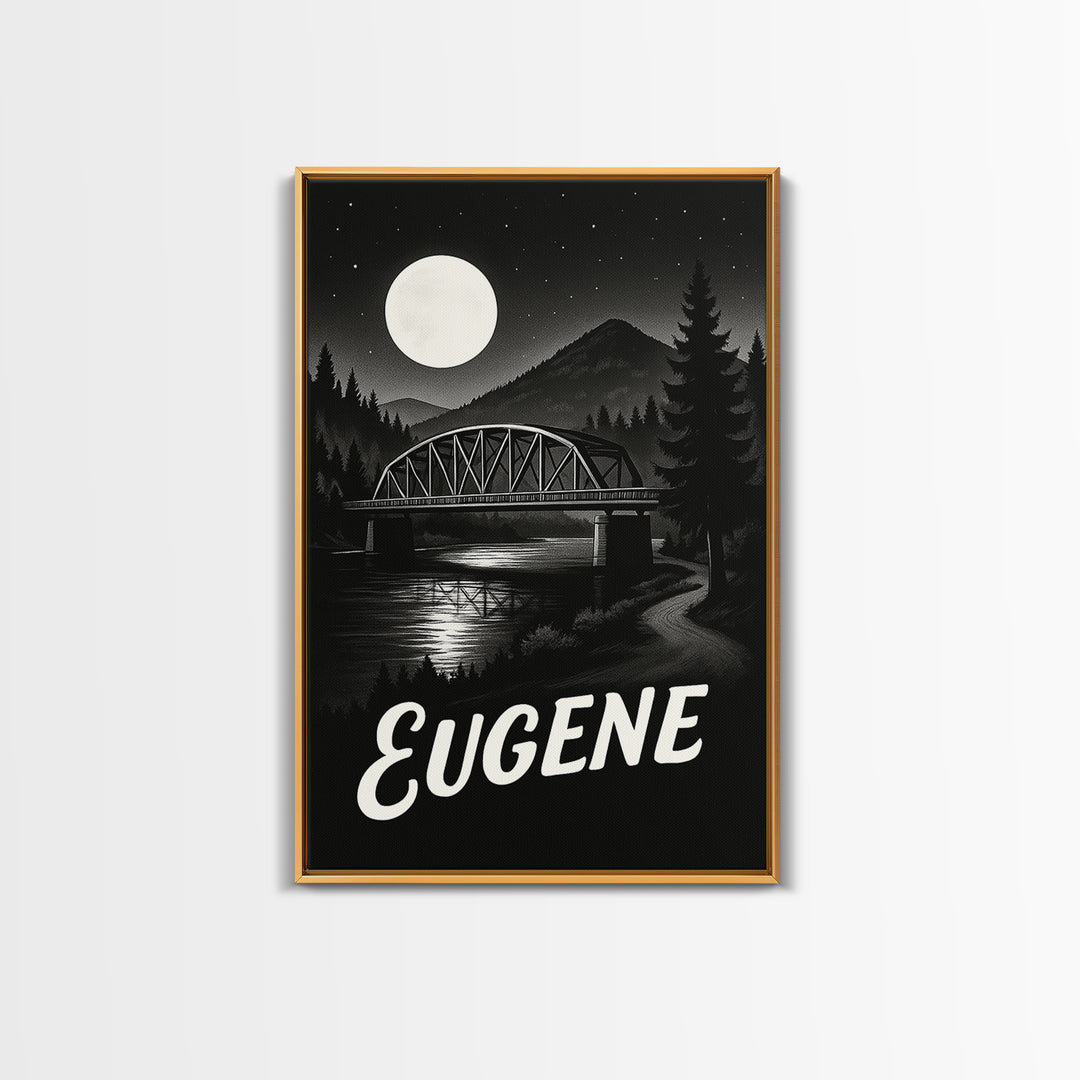 Eugene Travel Poster, Framed Canvas Print, Night Street Poster Art, Eugene Art Print, Retro Travel Print, Fine Art Print, Travel Poster Art