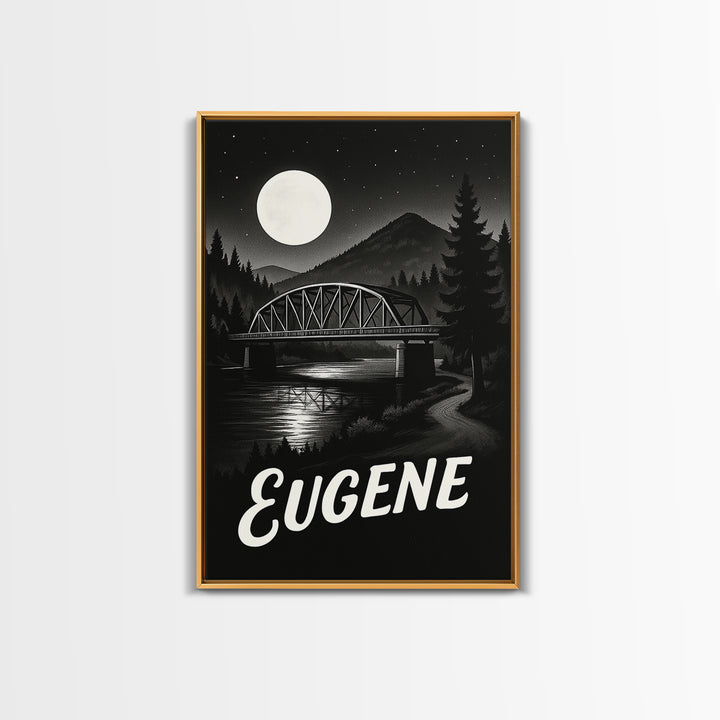 Eugene Travel Poster, Framed Canvas Print, Night Street Poster Art, Eugene Art Print, Retro Travel Print, Fine Art Print, Travel Poster Art