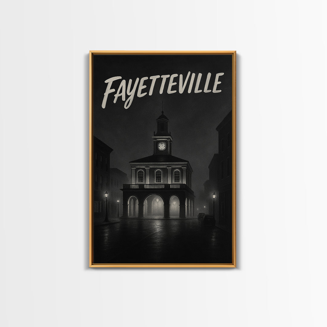 Fayeteville Travel Poster, Framed Canvas Print, Night Street Poster Art, Fayeteville Art Print, City Travel Prints, Vintage City Art