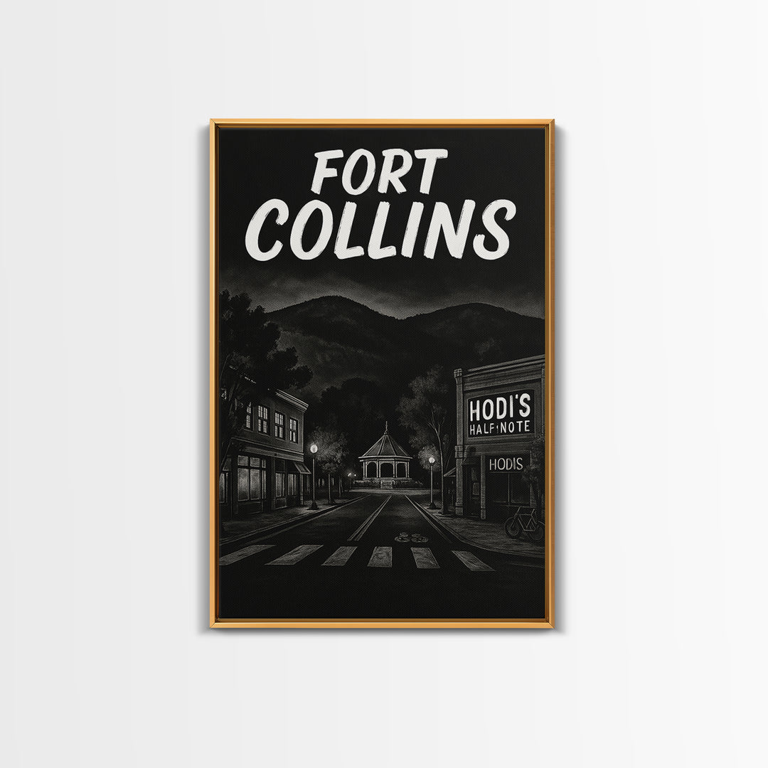 Fort Collins Travel Poster, Framed Canvas Print, Dark Moody City Wall Art, Fort Collins Travel Art, Mid Century Wall Art, Travel Art Print