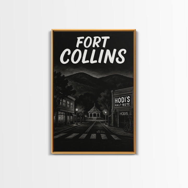 Fort Collins Travel Poster, Framed Canvas Print, Dark Moody City Wall Art, Fort Collins Travel Art, Mid Century Wall Art, Travel Art Print