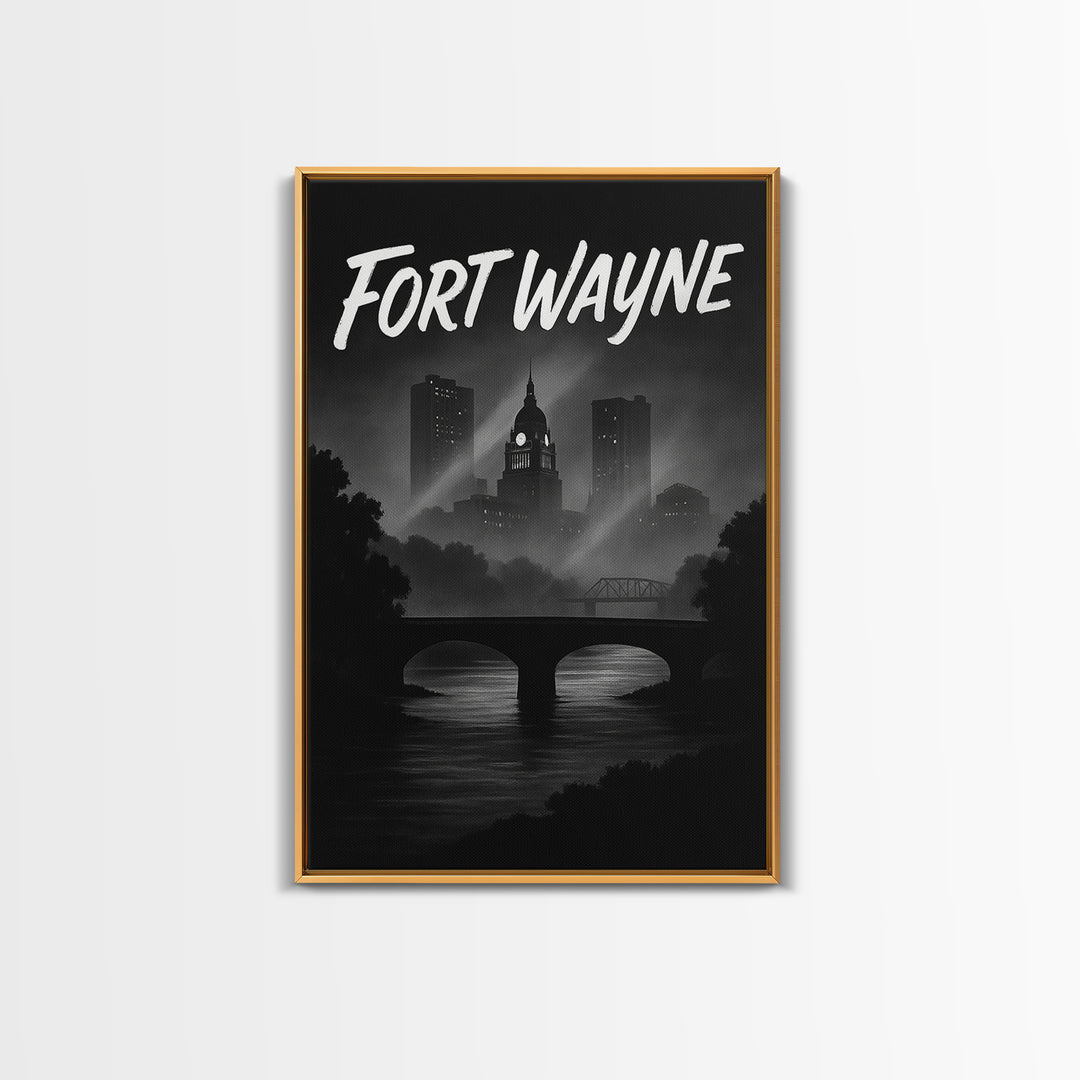 Fort Wayne Indiana Travel Poster, Canvas Print, Night Street Poster Art, Fort Wayne Wall Art, Retro Travel Print, Watercolor Urban Skyline