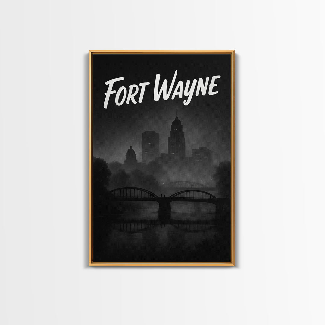 Fort Wayne Travel Poster, Canvas Print, Night Street Poster Art, Fort Wayne Wall Art, City Illustration, Living Room Wall Art, Design 2