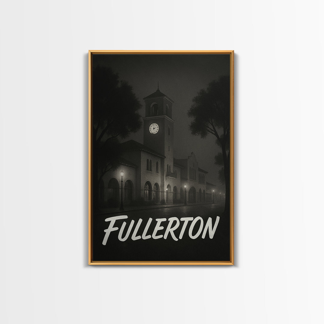 Fullerton Travel Poster, Framed Canvas Print, Dark Moody City Wall Art, Fullerton Wall Art, Eclectic Wall Decor, Modern Wall Decor