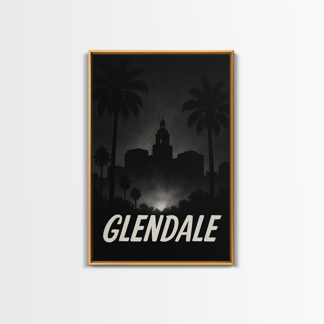 Glendale Travel Poster, Framed Canvas Print, Night Street Poster Art, Glendale Poster Print, Watercolor Skyline, City Illustration