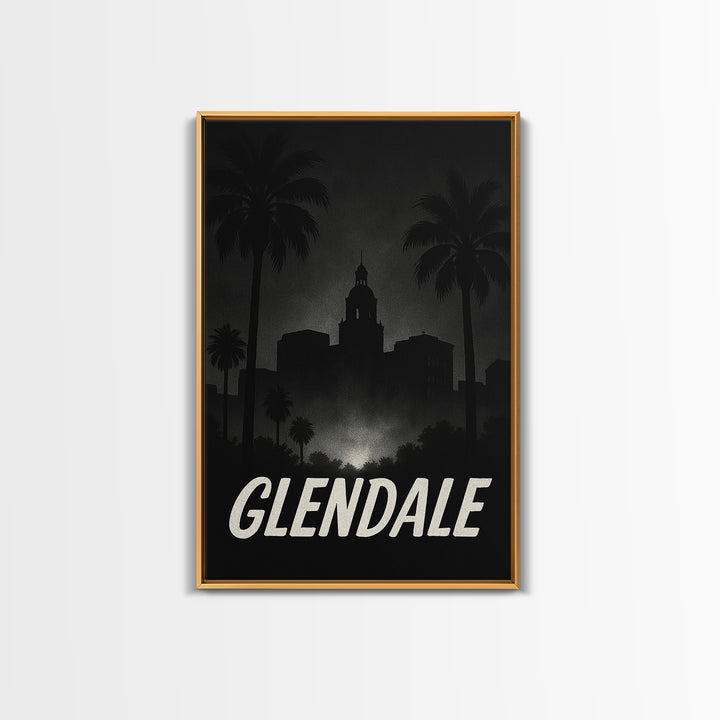 Glendale Travel Poster, Framed Canvas Print, Night Street Poster Art, Glendale Poster Print, Watercolor Skyline, City Illustration