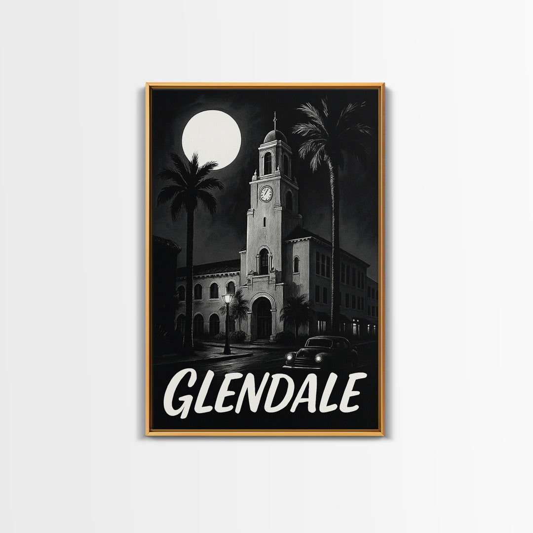 Glendale Travel Poster, Framed Canvas Print, Night Street Poster Art, Glendale City Art, Wanderlust Decor, Travel Wall Decor, Design 4
