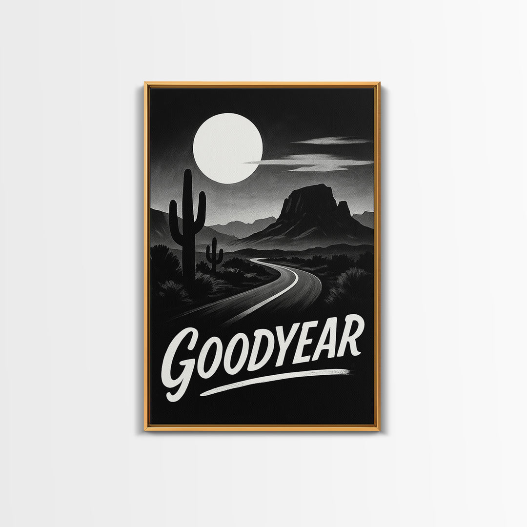 Goodyear Travel Poster, Framed Canvas Print, Vintage Noir Poster Art, Goodyear Travel Art, Living Room Wall Art, Mid Century Wall Art