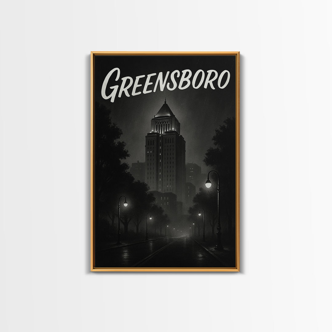 Greensboro Travel Poster, Framed Canvas Print, Black And White Travel Art, Greensboro Poster Print, Living Room Wall Art, Home Office Decor