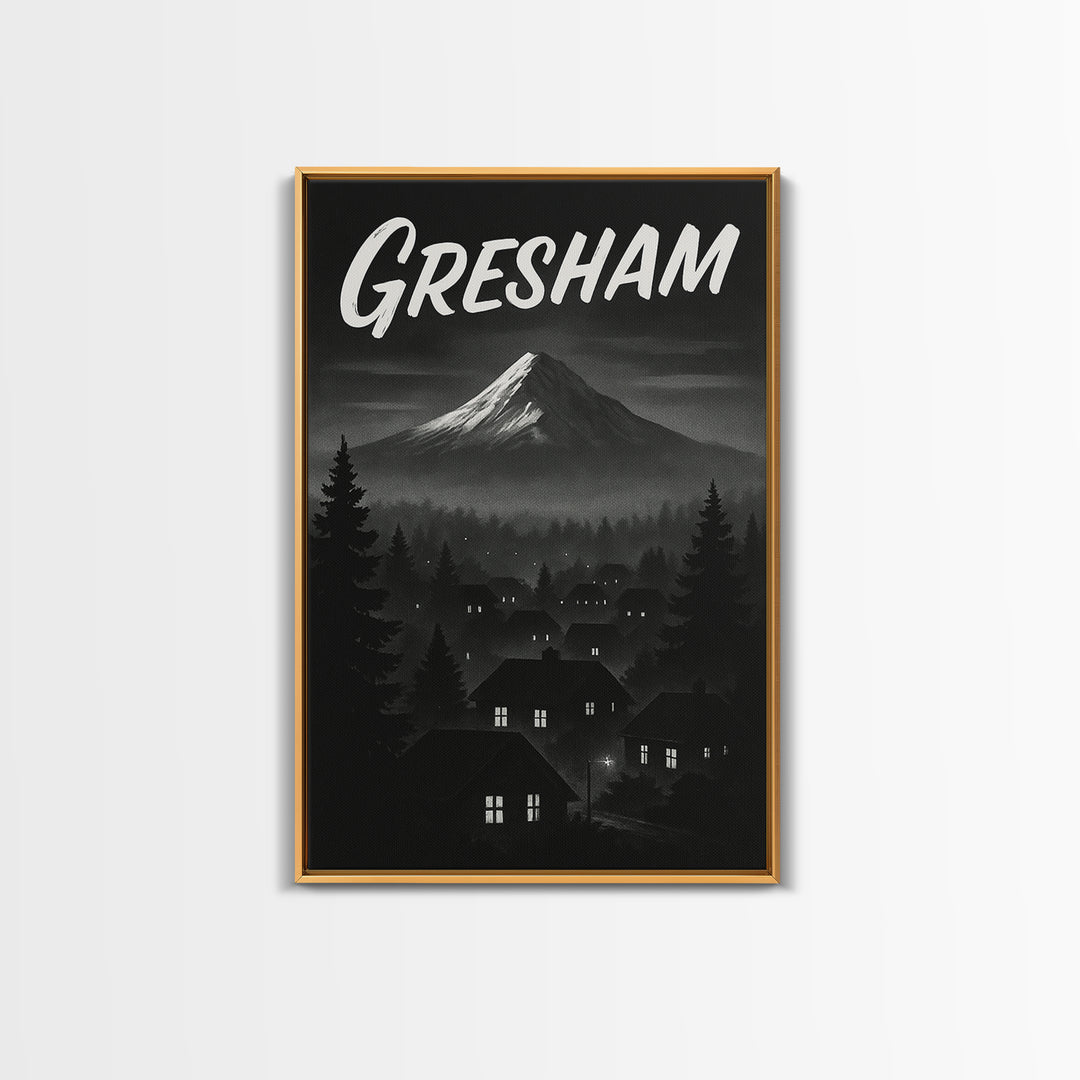 Gresham Oregon Travel Poster, Framed Canvas Print, Black And White Travel Art, Gresham City Art, Vintage City Poster, Travel Wall Art