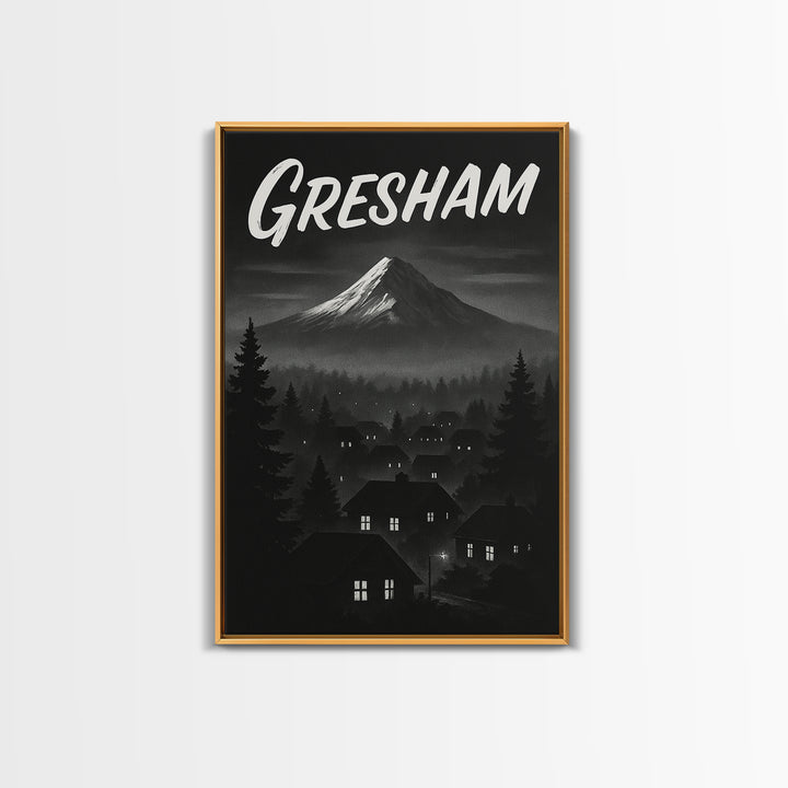 Gresham Oregon Travel Poster, Framed Canvas Print, Black And White Travel Art, Gresham City Art, Vintage City Poster, Travel Wall Art