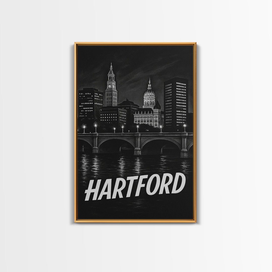Hartford Connecticut Travel Poster, Framed Canvas Print, Dark Moody City Wall Art, Hartford Poster Print, Travel Art Print, Wanderlust Decor
