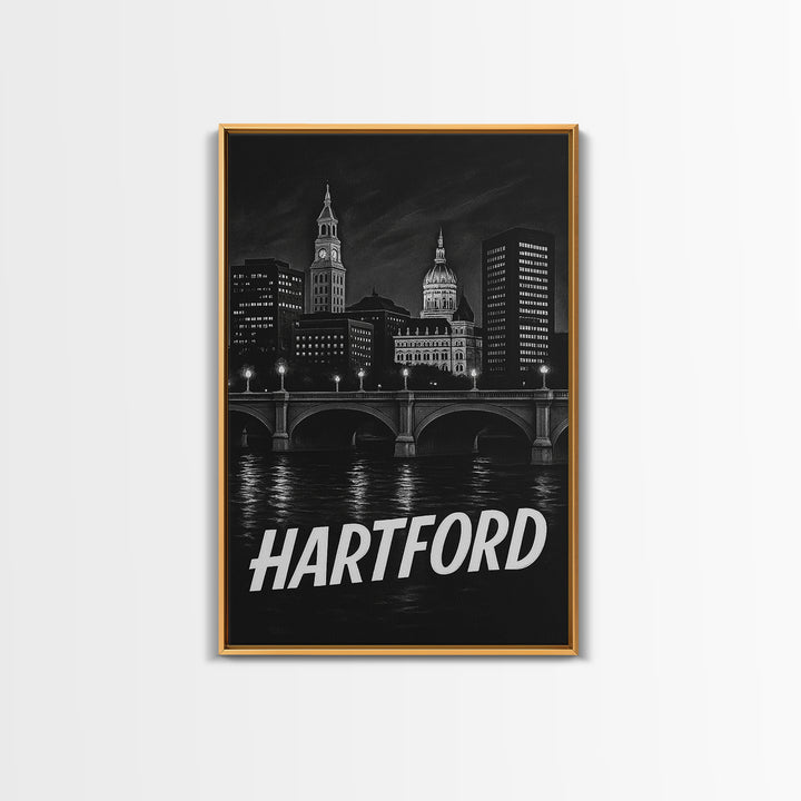 Hartford Connecticut Travel Poster, Framed Canvas Print, Dark Moody City Wall Art, Hartford Poster Print, Travel Art Print, Wanderlust Decor