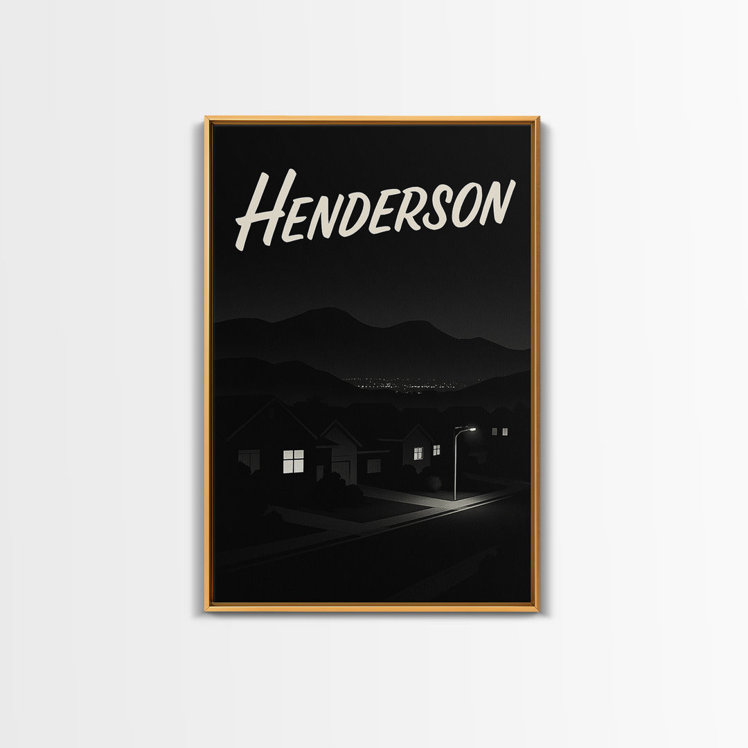 Henderson Travel Poster, Framed Canvas Print, Dark Moody City Wall Art, Henderson Art Print, Vintage Travel Print, City Illustration