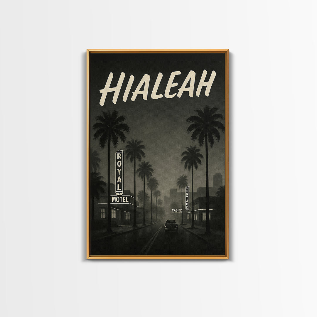 Hialeah Florida Travel Poster, Framed Canvas Print, Dark Moody City Wall Art, Hialeah Poster Print, Living Room Wall Art, Fine Art Print