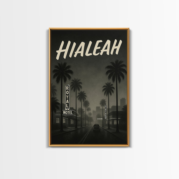 Hialeah Florida Travel Poster, Framed Canvas Print, Dark Moody City Wall Art, Hialeah Poster Print, Living Room Wall Art, Fine Art Print