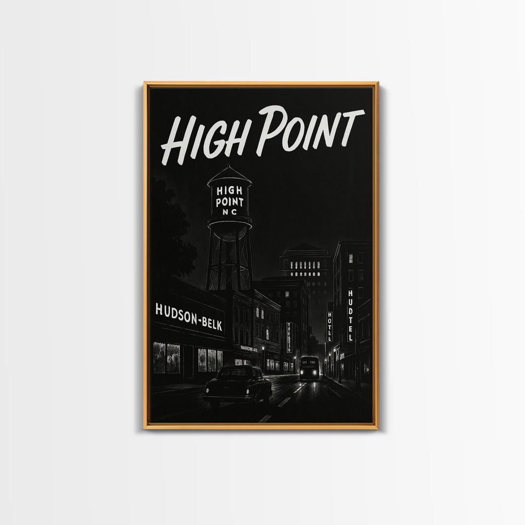 High Point Travel Poster, Framed Canvas Print, Black And White Travel Art, High Point Poster Print, Retro Travel Print, Vintage City Poster