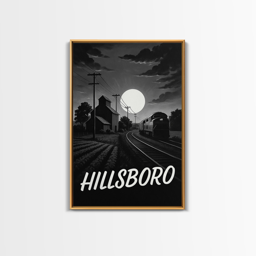 Hillsboro Travel Poster, Canvas Print, Dark Moody City Wall Art, Hillsboro Art Print, Living Room Wall Art, Vintage Travel Art