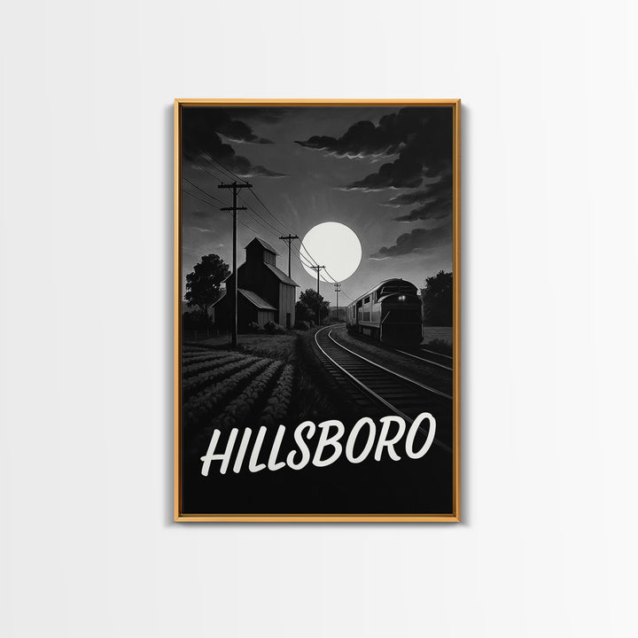 Hillsboro Travel Poster, Canvas Print, Dark Moody City Wall Art, Hillsboro Art Print, Living Room Wall Art, Vintage Travel Art