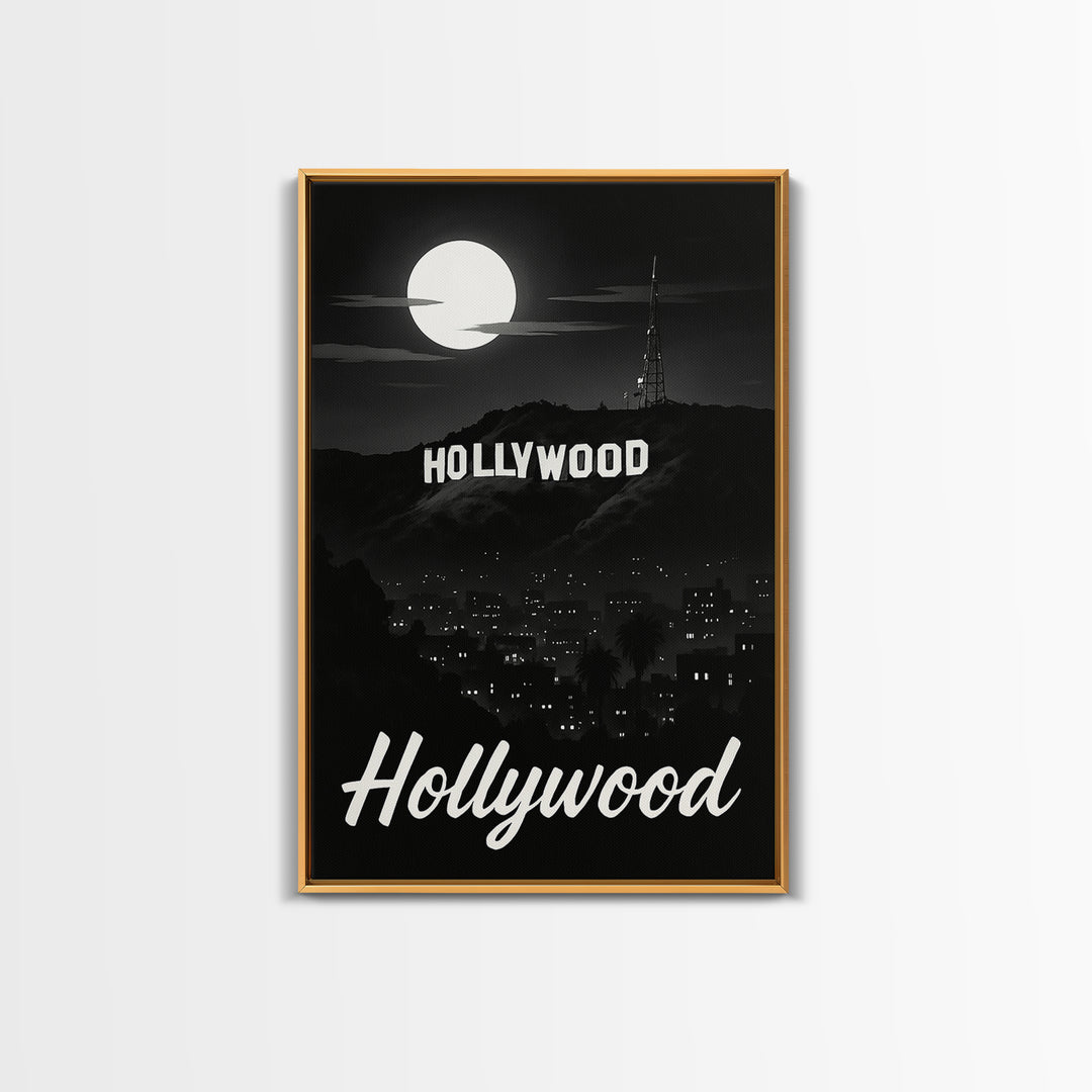 Hollywood Travel Poster, Framed Canvas Print, Night Street Poster Art, Hollywood Wall Art, Travel Poster Set, Travel Wall Art, Design 2