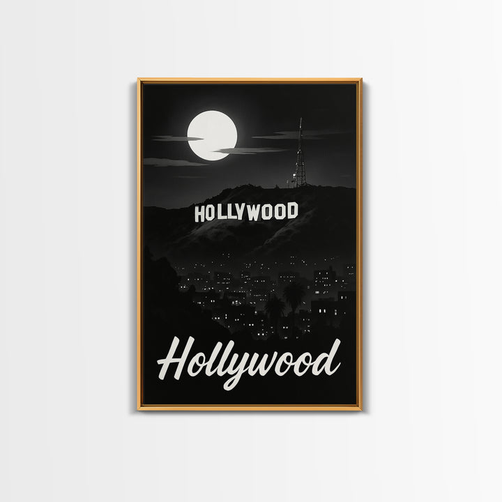 Hollywood Travel Poster, Framed Canvas Print, Night Street Poster Art, Hollywood Wall Art, Travel Poster Set, Travel Wall Art, Design 2