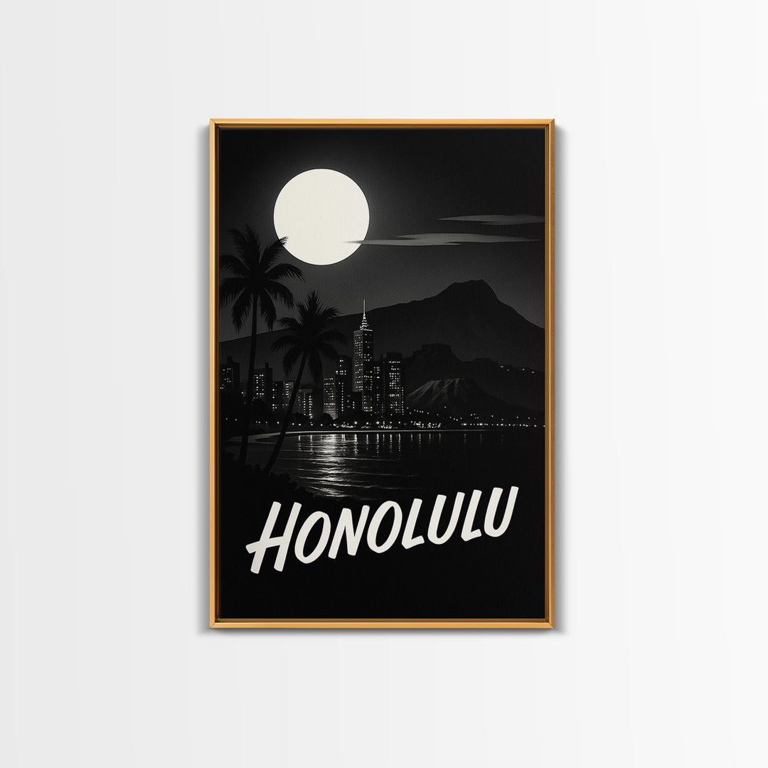Honolulu Hawaii Travel Poster, Framed Canvas Print, Night Street Poster Art, Honolulu Travel Art, Home Office Decor, Modern Wall Decor
