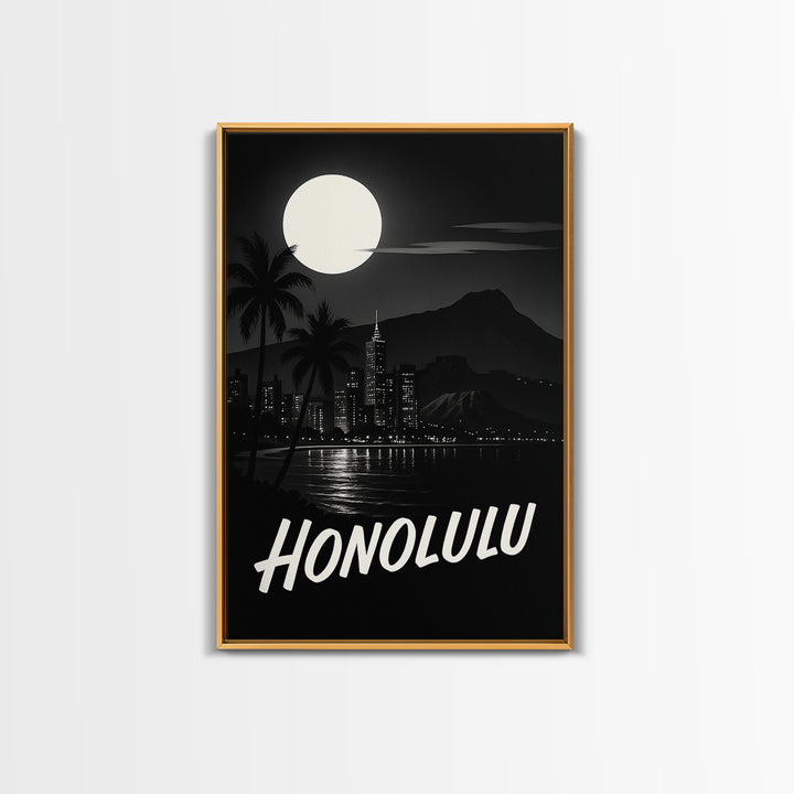 Honolulu Hawaii Travel Poster, Framed Canvas Print, Night Street Poster Art, Honolulu Travel Art, Home Office Decor, Modern Wall Decor