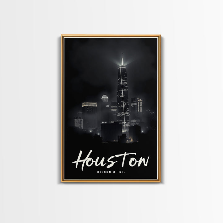 Houston Texas Travel Poster, Framed Canvas Print, Dark Moody City Wall Art, Houston City Art, Gift For Travelers, Living Room Wall Art