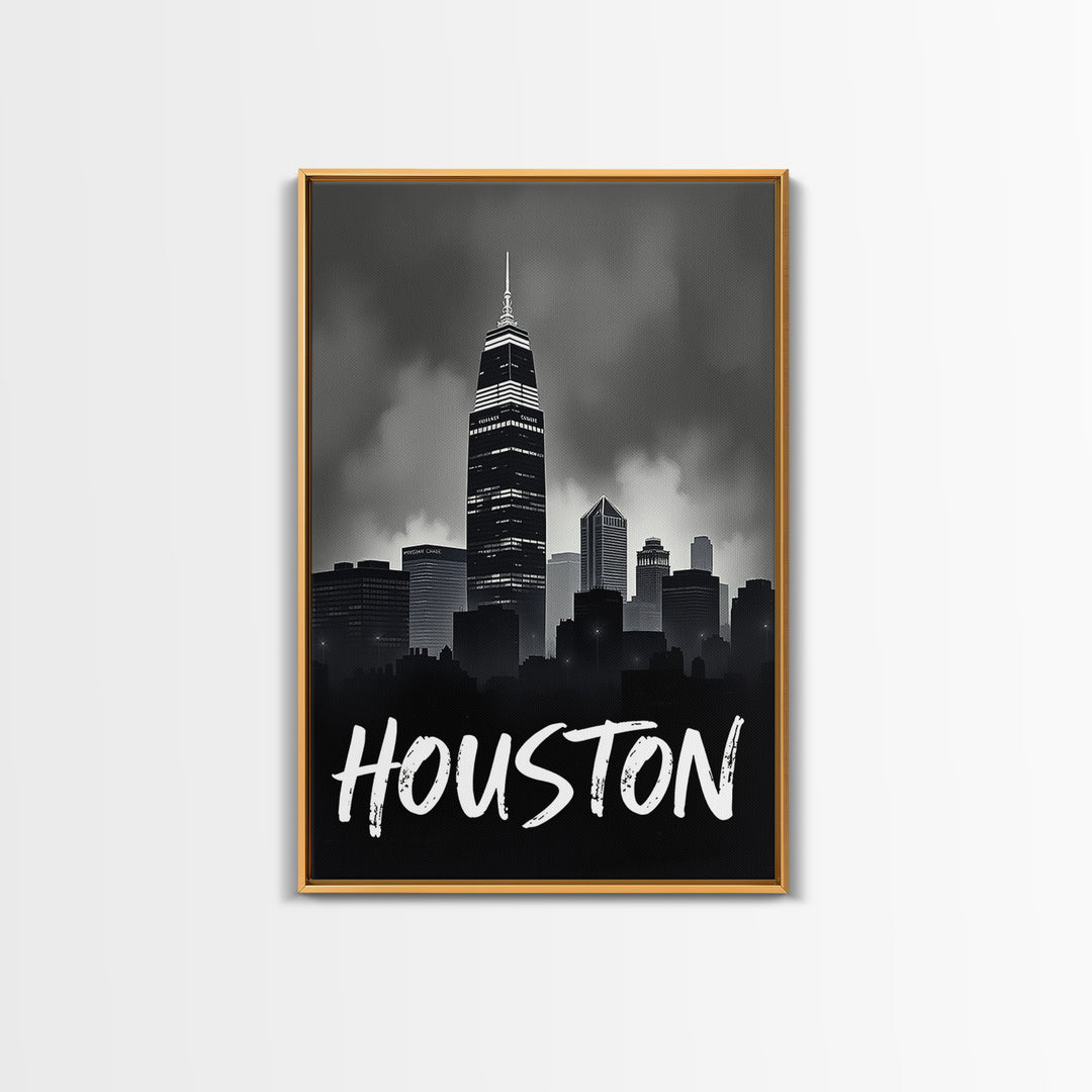 Houston Travel Poster, Framed Canvas Print, Black And White Travel Art, Houston Art Print, Retro Travel Print, City Travel Prints