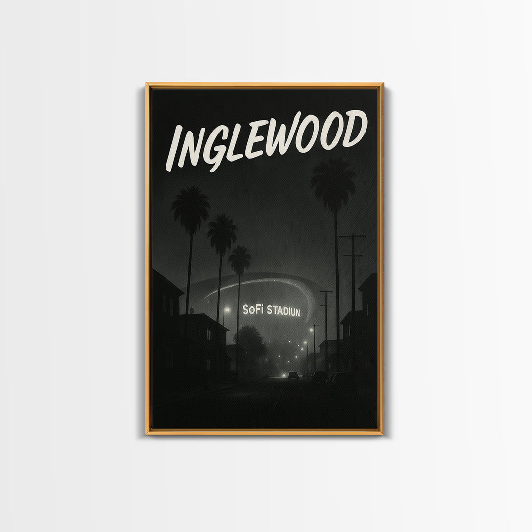 Inglewood California Travel Poster, Framed Canvas Print, Night Street Poster Art, Inglewood City Art, City Illustration, Vintage City Poster