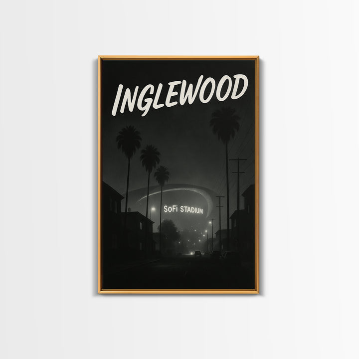 Inglewood California Travel Poster, Framed Canvas Print, Night Street Poster Art, Inglewood City Art, City Illustration, Vintage City Poster