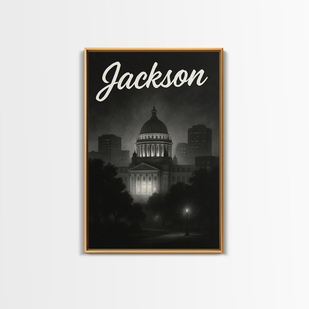 Jackson Mississippi Travel Poster, Framed Canvas Print, Dark Moody City Wall Art, Jackson City Art, City Illustration, Retro Travel Print