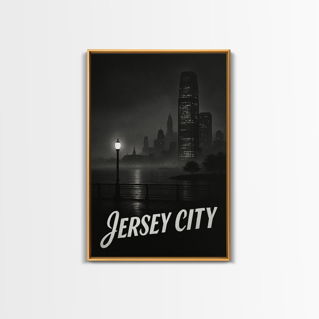 Jersey City Travel Poster, Framed Canvas Print, Vintage Noir Poster Art, Jersey City Wall Art, City Travel Prints, Vintage Travel Art