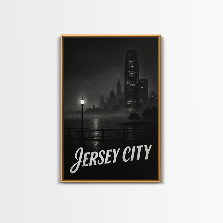 Jersey City Travel Poster, Framed Canvas Print, Vintage Noir Poster Art, Jersey City Wall Art, City Travel Prints, Vintage Travel Art
