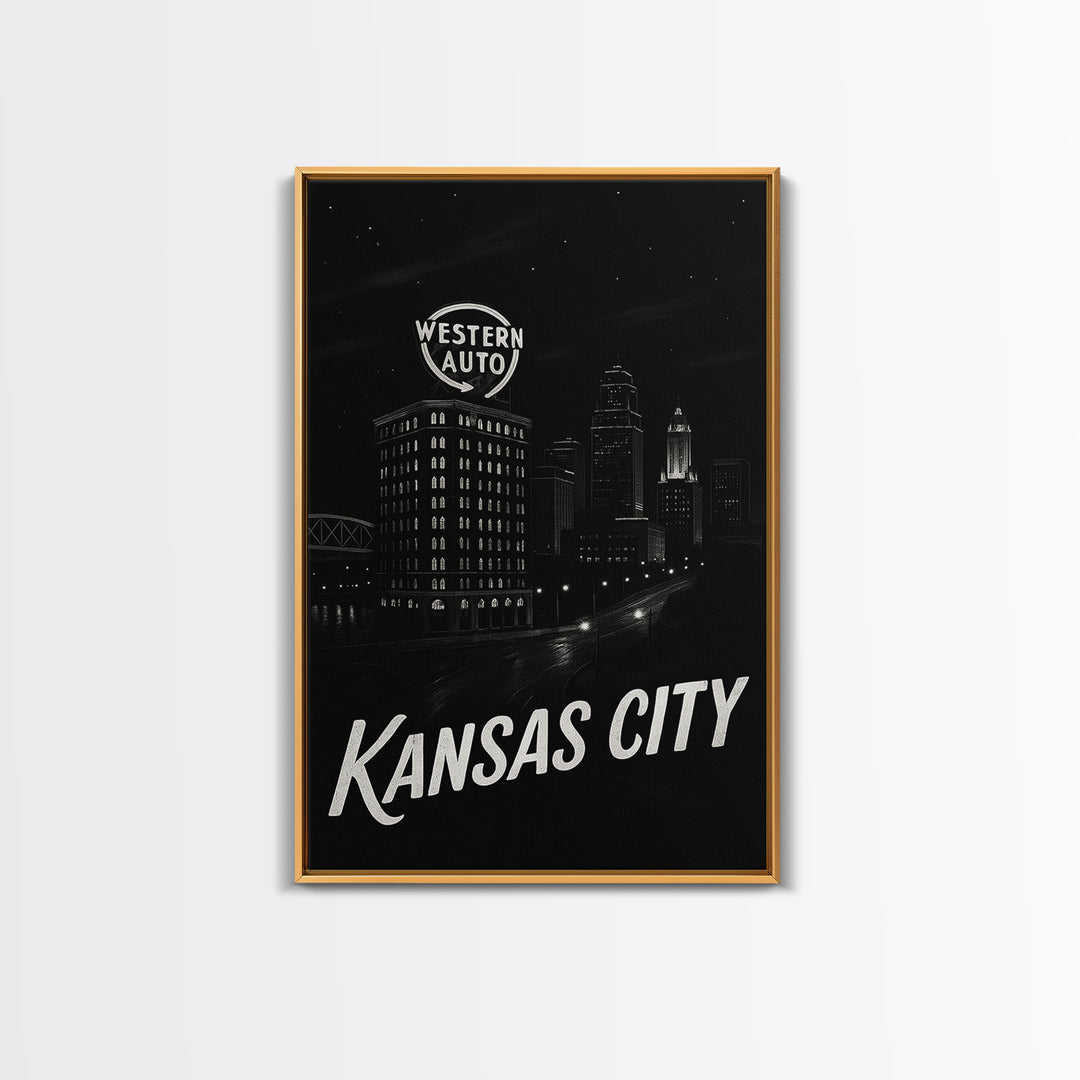 Kansas City Missouri Travel Poster, Canvas Print, Dark Moody City Wall Art, Kansas City Poster Print, City Illustration, Eclectic Wall Decor
